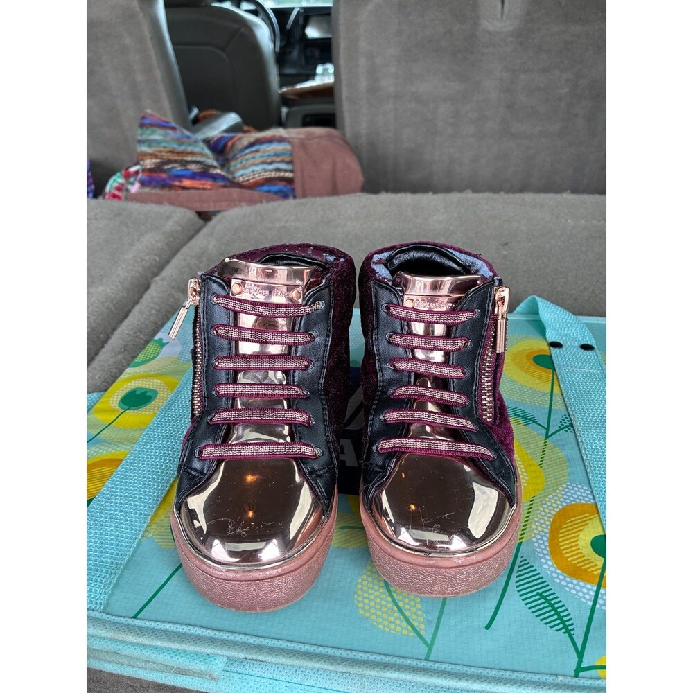 Michael Kors Toddler Girls Burgundy Velvet Rose Gold High Top Sneakers – Size 8